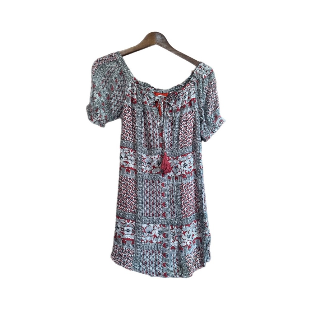 Heartloom Mini Dress Womens XS Red Grey Patchwork Boho Tassel Excellent
